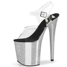 Peep Toe Stiletto Heels Crystal Glitter Transparent Ankle Buckle Straps Platforms Pumps - Silver Black 