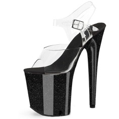 Peep Toe Stiletto Heels Crystal Glitter PVC Ankle Buckle Straps Platforms Pumps - Black Transparent