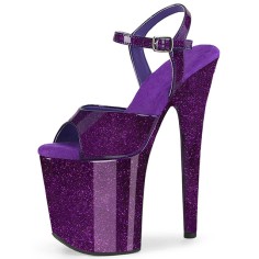 Peep Toe Stiletto Heels Pearlescent Crystal Glitter Patent Ankle Buckle Straps Platforms Pumps - Purple