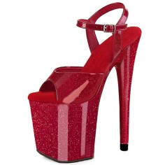 Peep Toe Stiletto Heels Pearlescent Crystal Glitter Patent Ankle Buckle Straps Platforms Pumps - Red
