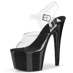 Peep Toe Stiletto Heels Crystal Glitter PVC Ankle Buckle Straps Platforms Pumps - Black