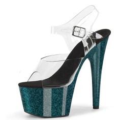 Peep Toe Stiletto Heels Crystal Glitter PVC Ankle Buckle Straps Platforms Pumps - Green Black