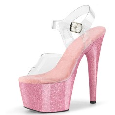 Peep Toe Stiletto Heels Crystal Glitter PVC Ankle Buckle Straps Platforms Pumps - Pink