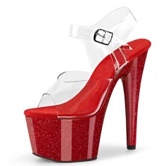 Peep Toe Stiletto Heels Crystal Glitter PVC Ankle Buckle Straps Platforms Pumps - Red
