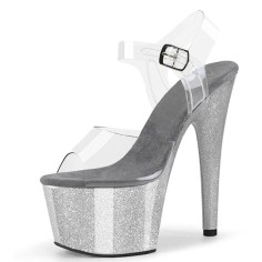 Peep Toe Stiletto Heels Crystal Glitter PVC Ankle Buckle Straps Platforms Pumps - Silver