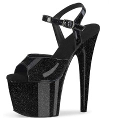 Peep Toe Stiletto Heels Pearlescent Crystal Glitter Patent Ankle Buckle Straps Platforms Pumps - Black
