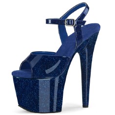 Peep Toe Stiletto Heels Pearlescent Crystal Glitter Patent Ankle Buckle Straps Platforms Pumps - Blue