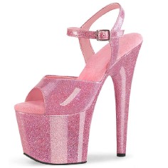 Peep Toe Stiletto Heels Pearlescent Crystal Glitter Patent Ankle Buckle Straps Platforms Pumps - Pink
