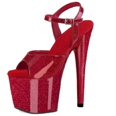 Peep Toe Stiletto Heels Pearlescent Crystal Glitter Patent Ankle Buckle Straps Platforms Pumps - Red