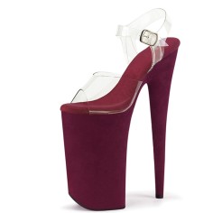 Peep Toe Stiletto Heels Transparent Ankle Buckle Straps Platforms Pumps - Burgundy