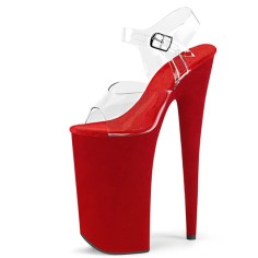 Peep Toe Stiletto Heels Transparent Ankle Buckle Straps Platforms Pumps - Red