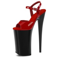 Peep Toe Stiletto Heels Glossy Ankle Buckle Straps Platforms Pumps - Red Black