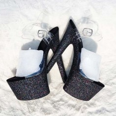 Peep Toe Shiny Stiletto Heels Sequin Wrapped Transparent Ankle Buckle Straps Platforms Pumps - Black
