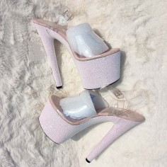 Peep Toe Shiny Stiletto Heels Sequin Wrapped Transparent Ankle Buckle Straps Platforms Pumps - Light Pink