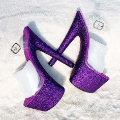Peep Toe Shiny Stiletto Heels Sequin Wrapped Transparent Ankle Buckle Straps Platforms Pumps - Purple