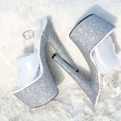 Peep Toe Shiny Stiletto Heels Sequin Wrapped Transparent Ankle Buckle Straps Platforms Pumps - Silver