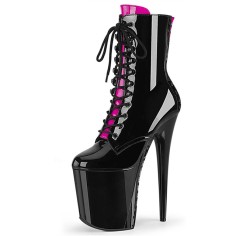 Round Toe Stiletto Heels Gothic Fetish Queen Black Lacing Lace Up Platforms Ankle Highs Boots - Hot Pink