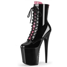 Round Toe Stiletto Heels Gothic Fetish Queen Black Lacing Lace Up Platforms Ankle Highs Boots - Pink