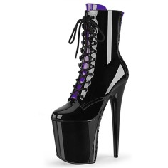 Round Toe Stiletto Heels Gothic Fetish Queen Black Lacing Lace Up Platforms Ankle Highs Boots - Purple