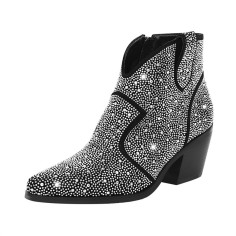 Pointed Toe Chunky Heels Rhinestone Glitters Blings Shiny Sparkle Western Ankle Highs Booties - Black