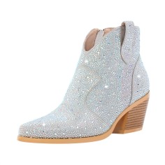 Pointed Toe Chunky Heels Rhinestone Glitters Blings Shiny Sparkle Western Ankle Highs Booties - Silver