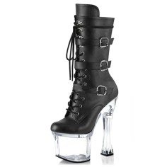 Round Toe Ankle Highs Transparent Platforms Chunky Heels Lace Up Buckle Straps Pole Pumps Booties - Black