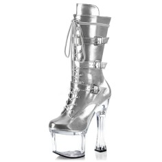Round Toe Ankle Highs Transparent Platforms Chunky Heels Lace Up Buckle Straps Pole Pumps Booties - Silver