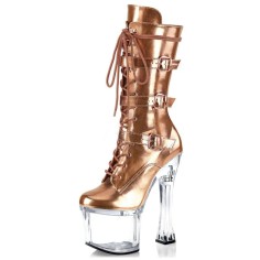 Round Toe Ankle Highs Transparent Platforms Chunky Heels Lace Up Buckle Straps Pole Pumps Booties - Gold