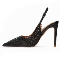 Pointed Toe Stiletto Heels Crystal Beads Rhinestones Slingback Pumps - Black