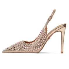 Pointed Toe Stiletto Heels Crystal Beads Rhinestones Slingback Pumps - Gold