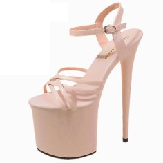 Peep Toe Stiletto Heels Patent Ankle Buckle Straps Platforms Pumps - Beige