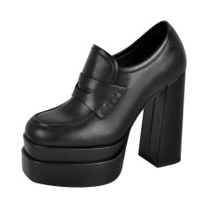 Round Toe Double Platforms Chunky Heels Slip On Loafers Pumps - Black Faux Leather