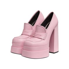 Round Toe Double Platforms Chunky Heels Slip On Loafers Pumps - Pink Faux Leather