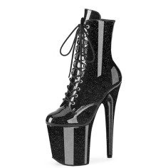 Round Toe Stiletto Heels Pearlescent Crystal Glitter Lace Up Platforms Ankle Highs Boots - Black