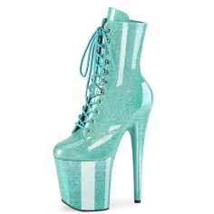 Round Toe Stiletto Heels Pearlescent Crystal Glitter Lace Up Platforms Ankle Highs Boots - Light Green