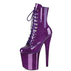 Round Toe Stiletto Heels Pearlescent Crystal Glitter Lace Up Platforms Ankle Highs Boots - Purple
