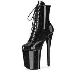 Round Toe Stiletto Heels Pearlescent Crystal Glitter Lace Up Platforms Ankle Highs Boots - Black