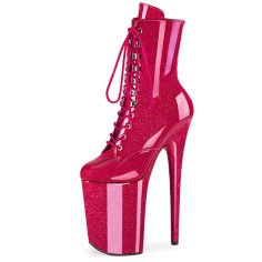 Round Toe Stiletto Heels Pearlescent Crystal Glitter Lace Up Platforms Ankle Highs Boots - Hot Pink
