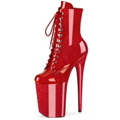 Round Toe Stiletto Heels Pearlescent Crystal Glitter Lace Up Platforms Ankle Highs Boots - Red