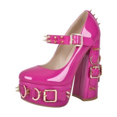 Round Toe Gothic Buckle Belt Ring Rivet Decorated Chunky Heels Mary Janes Platforms Punk Pumps - Hot Pink