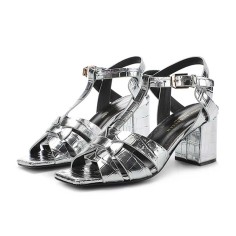 Square Toe Chunky Heels Ankle Buckle T Straps Crocodile Texture Beach Shoes Sandals - Silver Leather