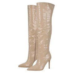 Pointed Toe Stiletto Heels Over The Knee Thigh High Crocodile Pattern Zipper Boots - Beige Faux Leather