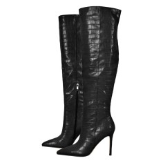 Pointed Toe Stiletto Heels Over The Knee Thigh High Crocodile Pattern Zipper Boots - Black Faux Leather