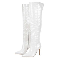Pointed Toe Stiletto Heels Over The Knee Thigh High Crocodile Pattern Zipper Boots - White Faux Leather