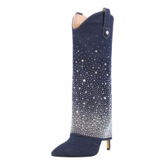 Pointed Toe Knee High Fold Down Pull On Stiletto High Heels Rhinestones Boots - Dark Blue