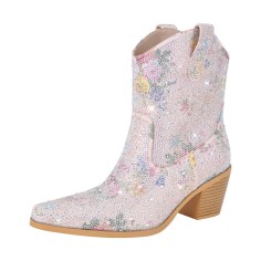 Pointed Toe Chunky Heels Rhinestones Blings Sparkle Western Ankle Highs Booties - Pink