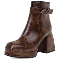 Square Toe Chunky Heels Ankle High Buckle Straps Snake Print Boots - Auburn