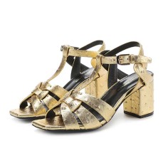 Square Toe Chunky Heels Ankle Buckle T Straps Ostrich Texture Beach Shoes Sandals - Gold Leather