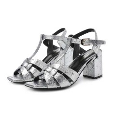 Square Toe Chunky Heels Ankle Buckle T Straps Ostrich Texture Beach Shoes Sandals - Silver Leather