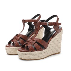 Peep Toe Hemb Rope Platforms Ankle Buckle T Straps Ostrich Texture Summer Wedges Sandals - Auburn Leather